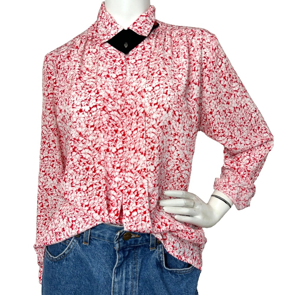 80s Office Chic Red Floral Button Up Blouse L tone Accent Collar Made USA EUC